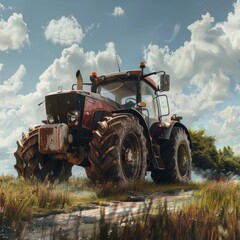 Fototapeta premium A charming watercolor illustration capturing the essence of a rustic tractor in idyllic countryside scenery 