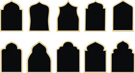 Photo sur Plexiglas Style bohème Set of  arabic window and islamic door, mosque shapes. Arabic door and window vector silhouette. Luxury frame border with gold outline arabic islamic Shape. 