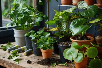 Assortment of potted houseplants on a wooden table, with gardening tools.