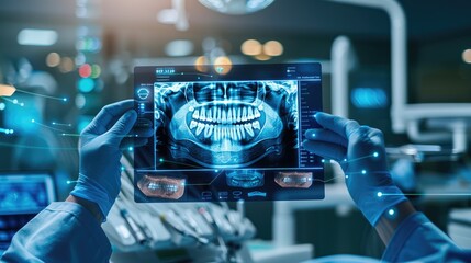 Dental treatment with Ai technology of Medical equipment on x-ray demonstrates digital screen, Ai generated for ads