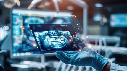 Dental treatment with Ai technology of Medical equipment on x-ray demonstrates digital screen, Ai generated for ads