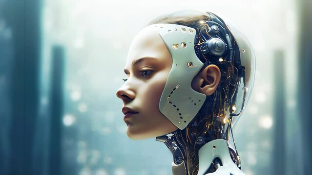 Stylized augmented human head. Artificial intelligence concept animation.