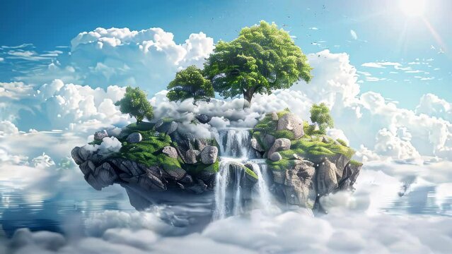 A whimsical island surrounded by white clouds, with stones, waterfall, trees and grass on it. Ecology and nature conservation concept.