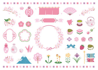 春の和風イラスト素材 / 桜 花見 こどもの日