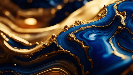 Macro shot of blue and gold agate ripple pattern. Abstract background. Generative AI. - obrazy, fototapety, plakaty