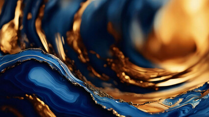 Macro shot of blue and gold agate ripple pattern. Abstract background. Generative AI. - obrazy, fototapety, plakaty
