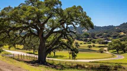 Isolated oak tree standing alone in the lush green meadow against a backdrop of vibrant blue sky