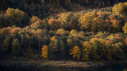 Autumn forest on the bank of the river. Beautiful autumn landscape. Generative AI.