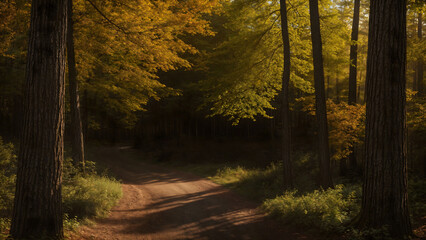 Autumnal road in the forest with yellow leaves and sun rays. Generative AI.