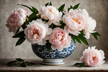 Obraz na płótnie Canvas An Alluring Arrangement of Peonies Showcasing Soft Pink and White Blossoms with Delicate Ruffles