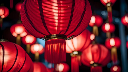 Red lanterns hanging in the temple. Generative AI.