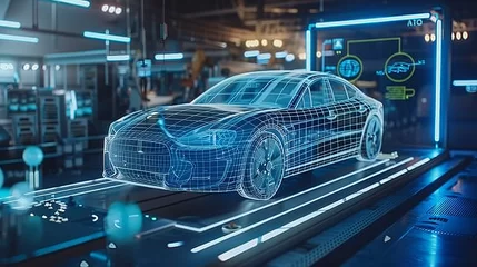 Fotobehang Advancements in Artificial Intelligence and Machine Learning are transforming to automotive car assembly plant, car manufacturing process © CYBERUSS