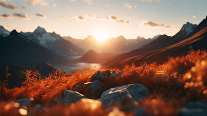 Mountain landscape with red forest and snowcapped peaks at sunset. Generative AI.
