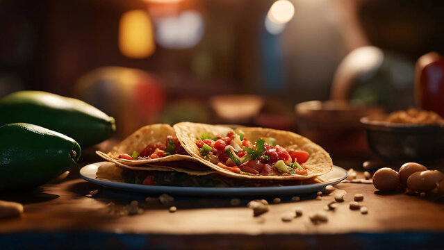 Mexican tacos with beef and vegetables on rustic wooden table. Generative AI.