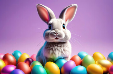 Fototapeta na wymiar Cute easter bunny with colorful easter eggs on purple background. Happy Easter concept