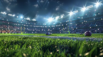 3D rendered American football arena with yellow goal posts, grass field, blurred fans, and flashing lights captures the essence of outdoor sports, championships, and games. 