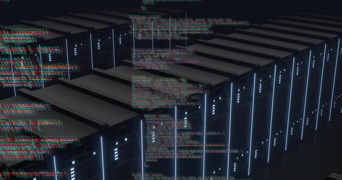 Animation of text data files processing over dark computer server room