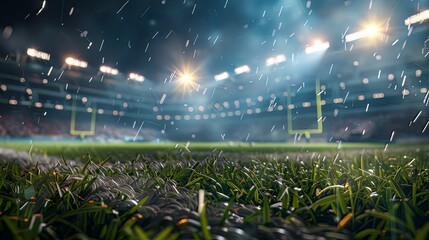 3D rendered American football arena with yellow goal posts, grass field, blurred fans, and flashing...