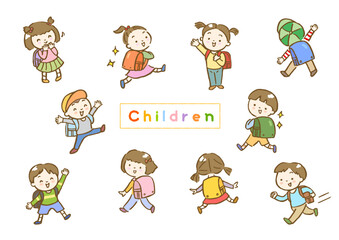 ランドセルを背負った元気な子供達の手描きイラストセット