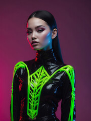 Abstract Confident female model in neon trendy background, fashion concepts