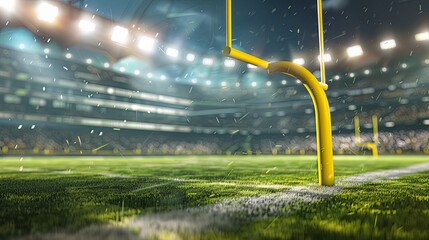 3D rendered American football arena with yellow goal posts, grass field, blurred fans, and flashing lights captures the essence of outdoor sports, championships, and games.  - obrazy, fototapety, plakaty