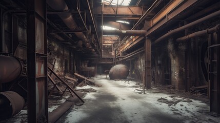 Abandoned factory with snow covered floor. Industrial indoor background.