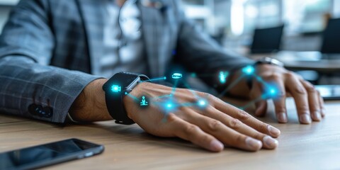 A Businessman Harnesses the Power of Wearable Technology via a Smartwatch, Generative AI