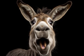 Happy surprised donkey with open mouth.