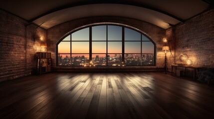 Empty room with large windows overlooking the night city. - 752752370