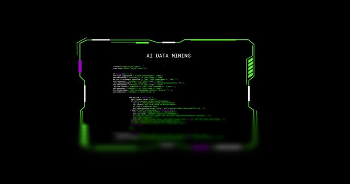 Animation of interface with ai data mining text, processing on black background