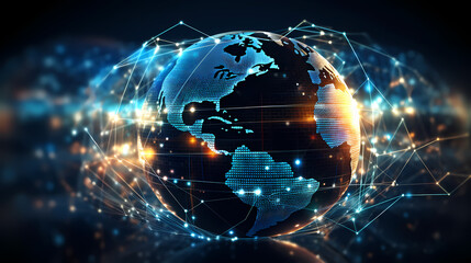 Obraz premium Digital Earth, network of interconnected globe icons representing global business network