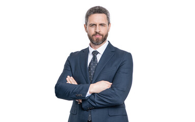 Business success. Successful CEO in suit. Confident entrepreneur. Business leadership. Man professional Hispanic CEO expressing success. Businessman isolated on white. Employee development