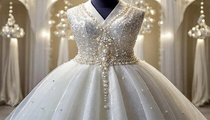 Shining pearl details on the neckline and waist of an elegant wedding dress in a bridal shop - obrazy, fototapety, plakaty