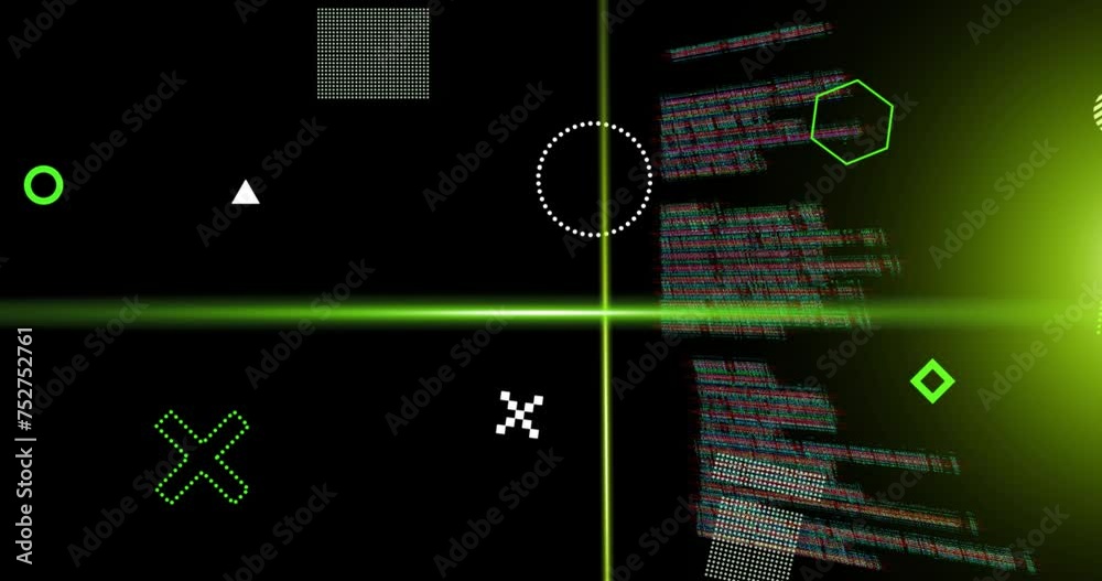 Wall mural animation of green scanner beams and rotating shapes over data processing on dark background