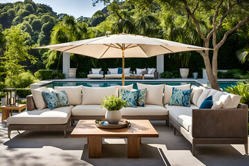 Fototapeta premium Luxurious Outdoor Paradise: Chic Lounge Area, Tranquil Poolside Retreat, and Tropical Oasis with Bubbling Hot Tub and Lush Garden