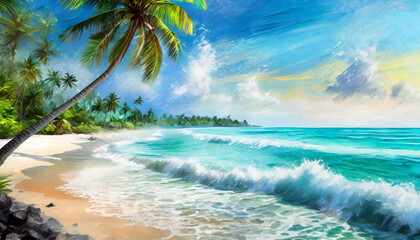 Turquoise sea waves crashing on the shore and palm trees on a beach
