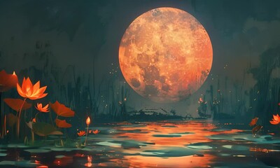 An orange moon reflected on the water surface among water lilies and tropical leaves. The concept of fantastical nature