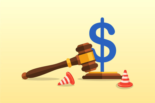 Justice gavel with dollar money symbol and accident pylons, workers compensation, insurance providing wages replacement, employee injured benefit, legal or law to compensate payment (Vector)