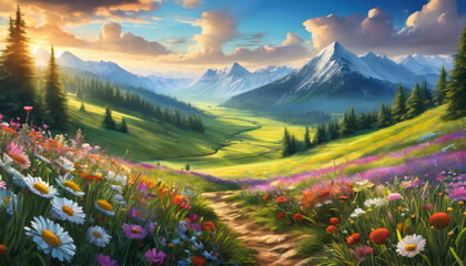 A meadow full of colorful flowers in a valley