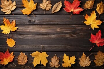 Naklejka na ściany i meble a Wooden background with autumn leaves