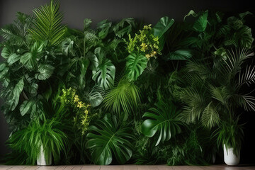 wall of tropical plants with wooden floor. Generative AI