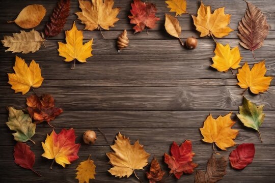 a Wooden background with autumn leaves
