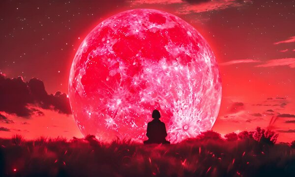 A silhouette of a person meditating in front of a massive pink moon. The concept of meditation and cosmic energy.