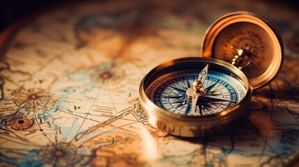 Old compass on vintage map. Retro stale