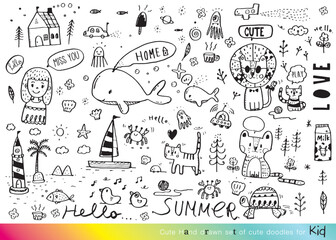 Collection of hand drawn cute doodles,Doodle children drawing,Sketch set of drawings in child style,Funny Doodle Hand Drawn,Page for coloring, cute animal