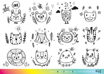 Cute Jungle animal faces,Cute animal faces,Hand drawn doodle characters,Vector illustration.