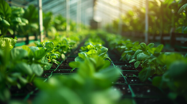High-tech greenhouse with rows of lush green crops equipped for sustainable agriculture.