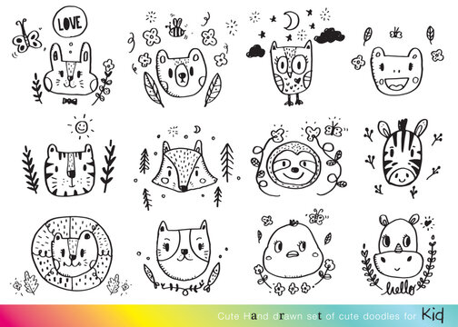 Cute Jungle animal faces,Cute animal faces,Hand drawn doodle characters,Vector illustration.