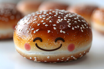 A 3D animated cartoon render of a delicious red bean bun with a smiley face. - obrazy, fototapety, plakaty