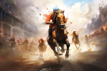 Fototapeta premium Photo watercolor sports art horse racing, Race horse with jockey on watercolor splatter background, Ai generated